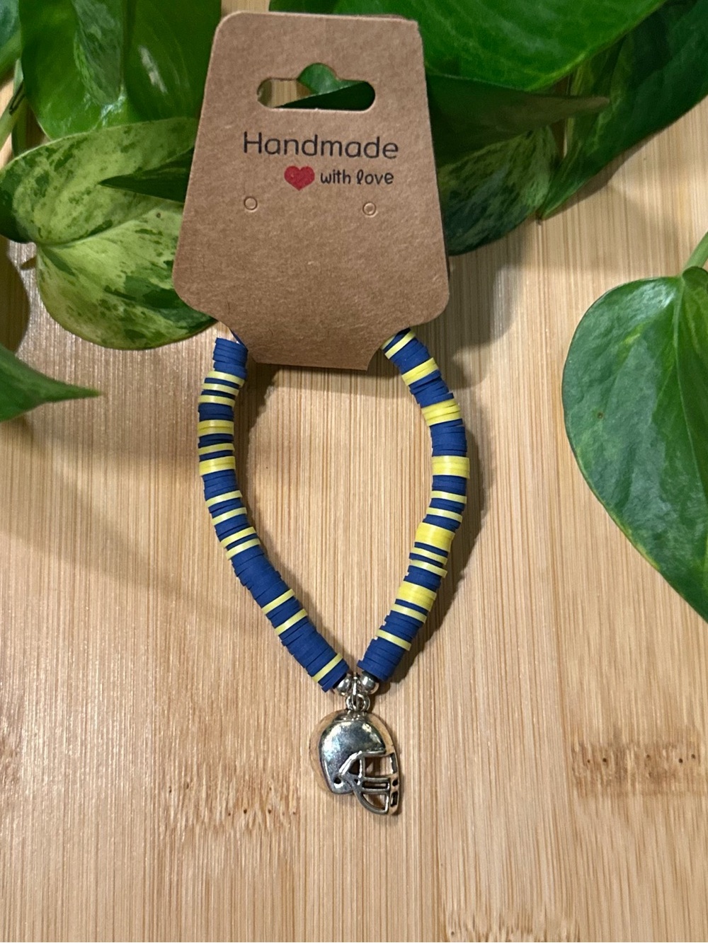 🏈✨ Football Stretchy Beaded Bracelet | Handmade | Silver Football Dangle Charm